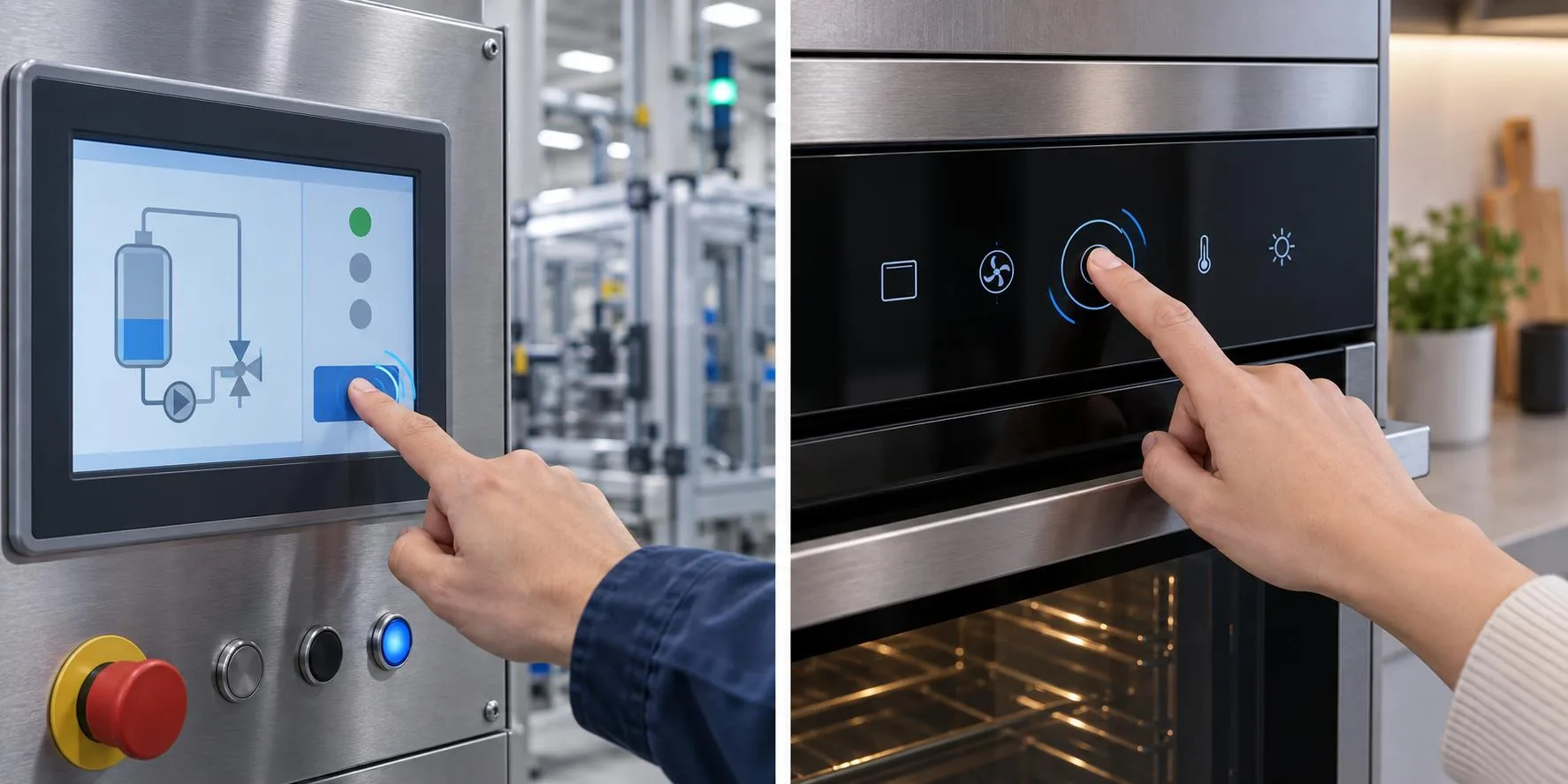 Konzeptbeispiele für haptisches Feedback in einem industriellen HMI-Panel und einem Touch-Bedienelement für Haushaltsgeräte.