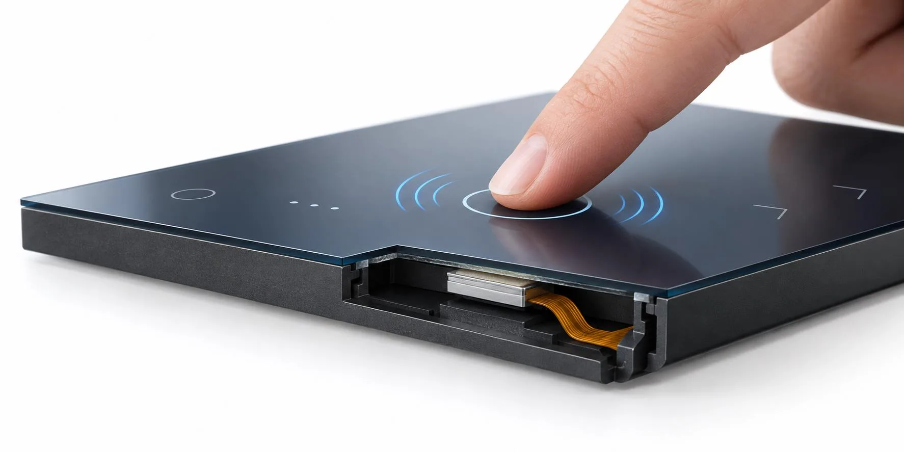 Konzeptdarstellung eines piezoelektrischen Aktors, der unter einem ebenen Touch-Panel montiert ist.